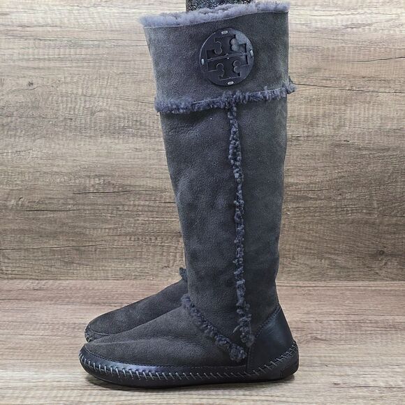 Tory Burch Amelie Women's Size 6.5 Gray Suede Shearling Fur Tall Boots - Picture 3 of 9